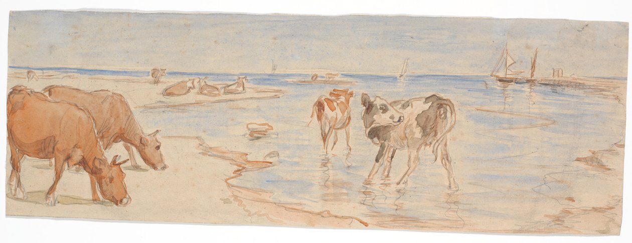 Vacas e bezerros perto do ponto de embarque em Saltholm (rascunho para decoração da tigela de ponche) de Theodor Philipsen