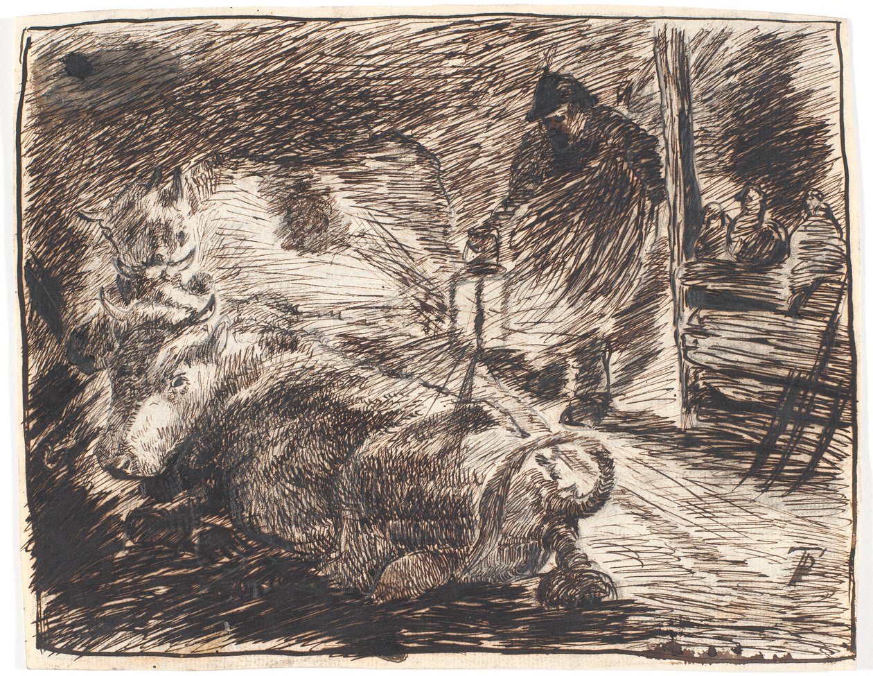 Interior estável à noite com vacas deitadas e um homem com uma lâmpada de Theodor Philipsen