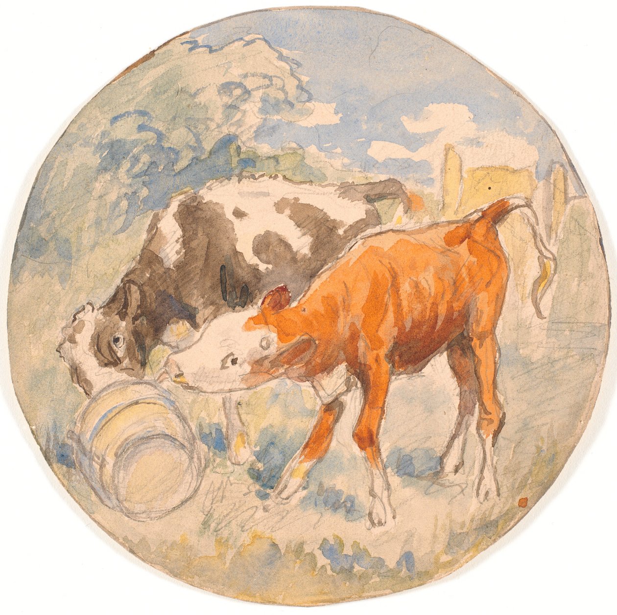 Dois bezerros ao ar livre, lambendo um dente-de-leão virado (rascunho para prato de cerâmica) de Theodor Philipsen