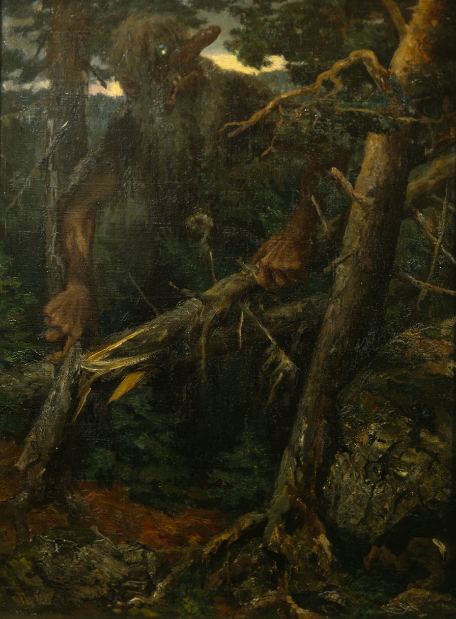 Troll velho quebrando árvores na floresta de Theodor Kittelsen