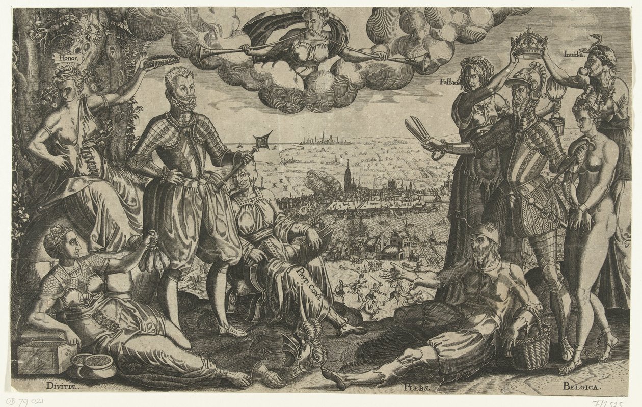 Comparação entre Orange e Alva, com a Furie espanhola no fundo, ca. 1577 de Theodor de Bry (attributed to)