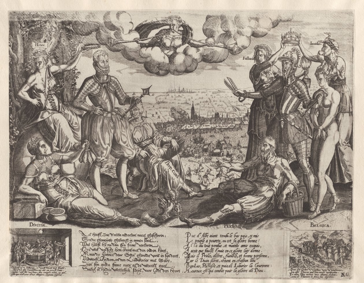 Comparação entre Orange e Alva, com a Furie espanhola no fundo, ca. 1577 de Theodor de Bry (attributed to)