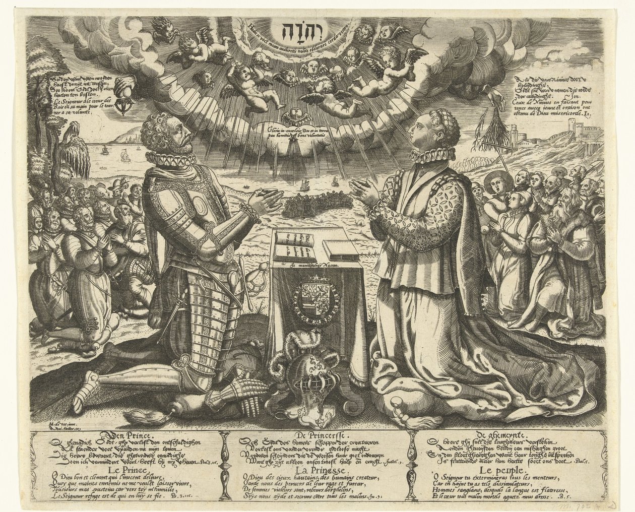 William of Orange e Charlotte of Bourbon ajoelhados na paisagem de Theodor de Bry (attributed to)