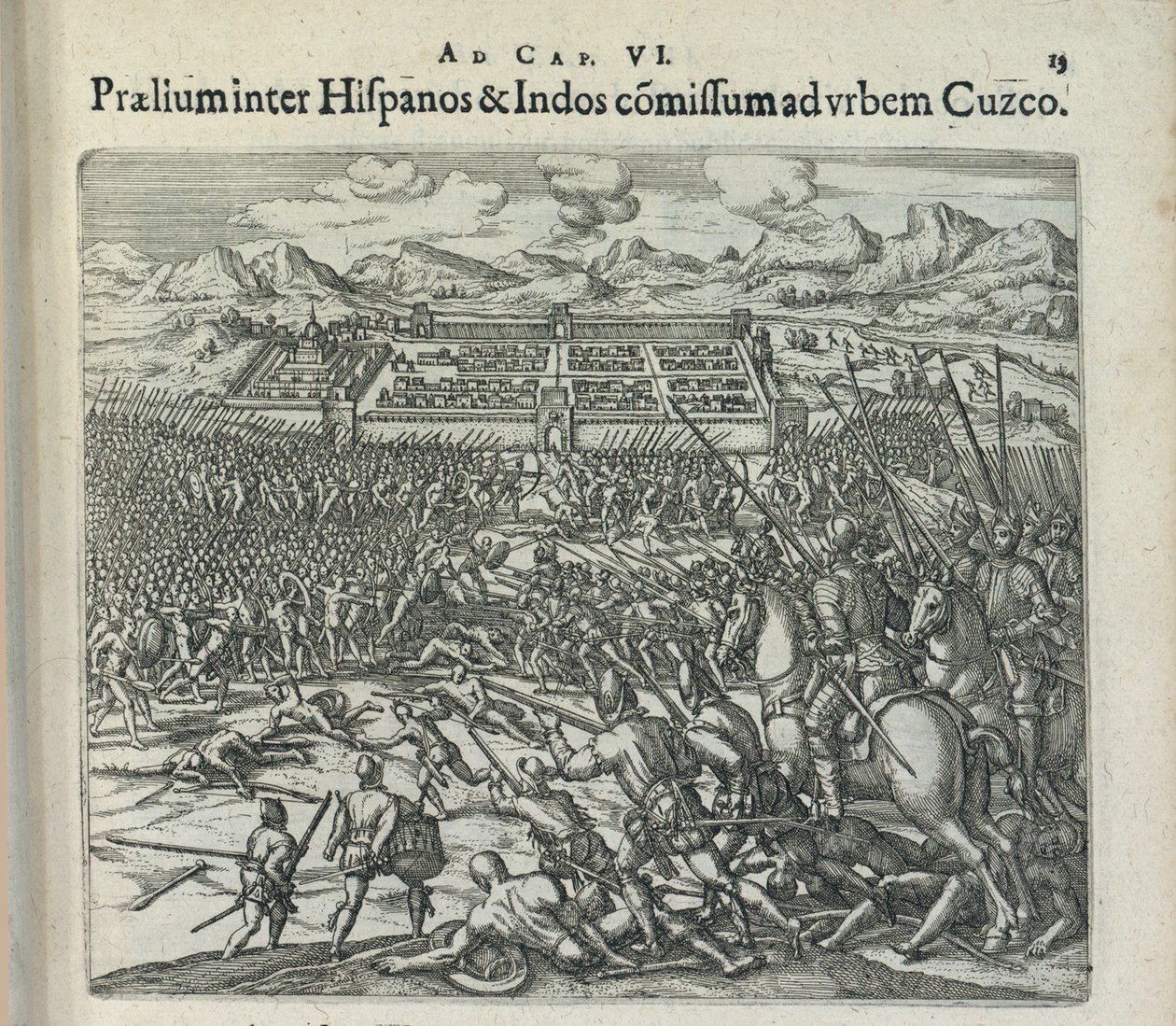 Batalha entre os espanhóis e os índios às portas de Cuzco, 1596. de Theodor de Bry