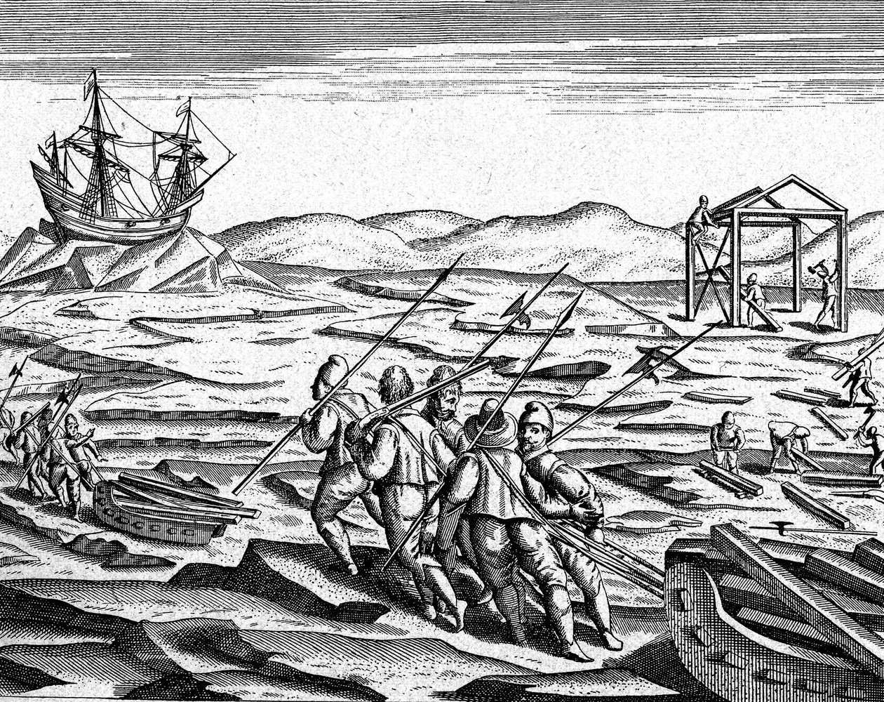 Construção de uma casa para o inverno no Pólo Norte, c.1600 (gravura) de Theodor de Bry