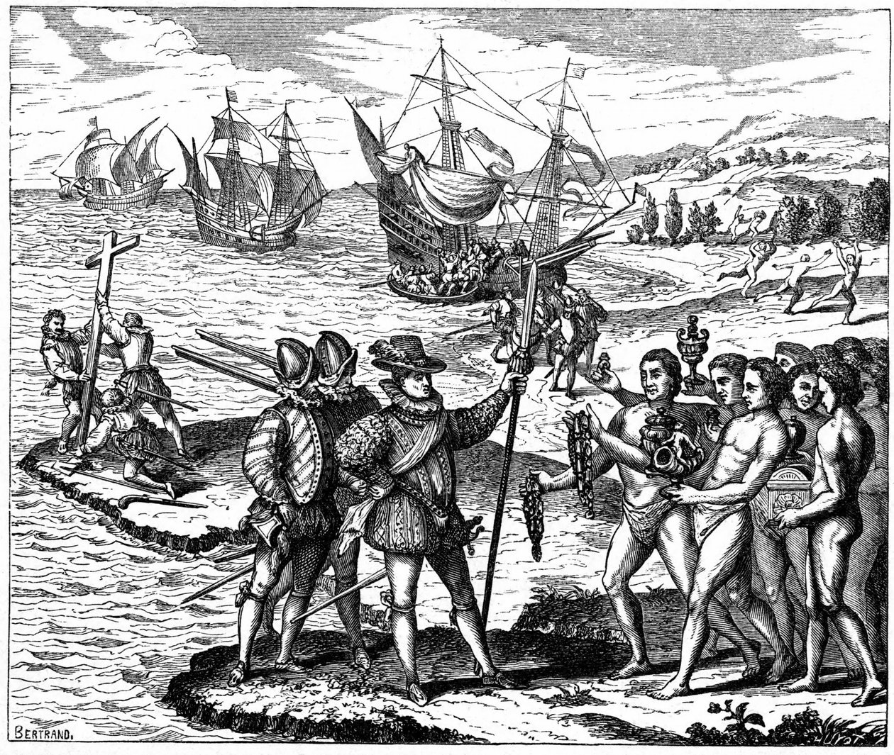 Cristóvão Colombo (1451-1506) Explorador genovês, descobrindo a América - 12 de Maio de 1492. Da gravura de Theodore de Bry 1590. de Theodor de Bry