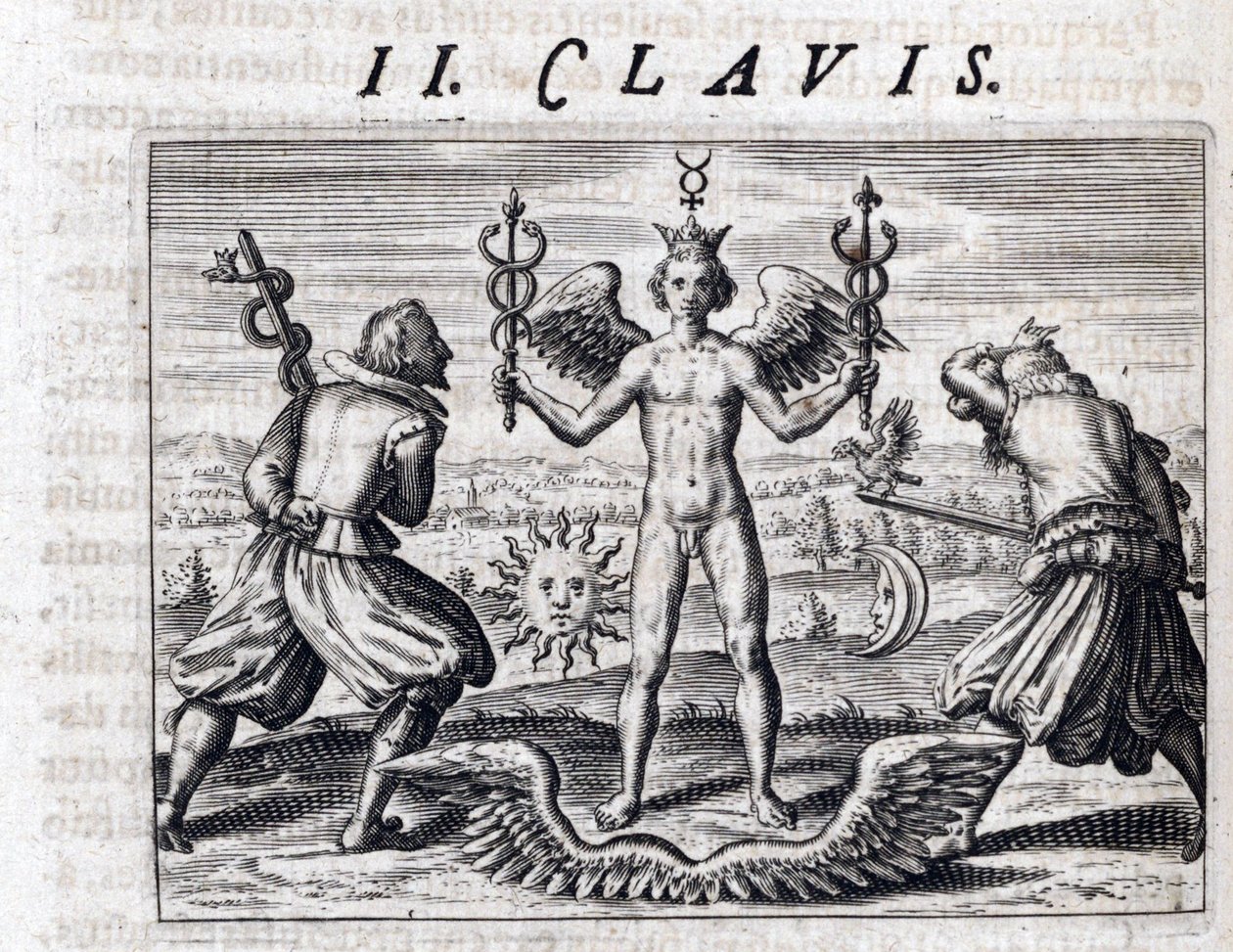 Composição simbólica da alquimia, um jovem nu, asa e coroa, brande dois caduceus, rodeados pela Lua e pelo Sol, voltados para homens armados de espadas portando uma águia e uma serpente - Gravura de Theodore de Bry (1528 -1598), para o tratado de alc de Theodor de Bry