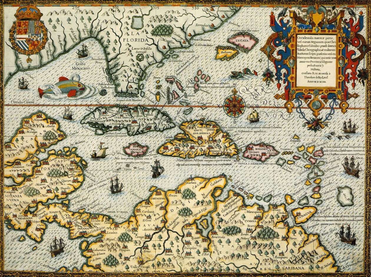 Mapa DeBry das Caraíbas e da Flórida1594 de Theodor de Bry