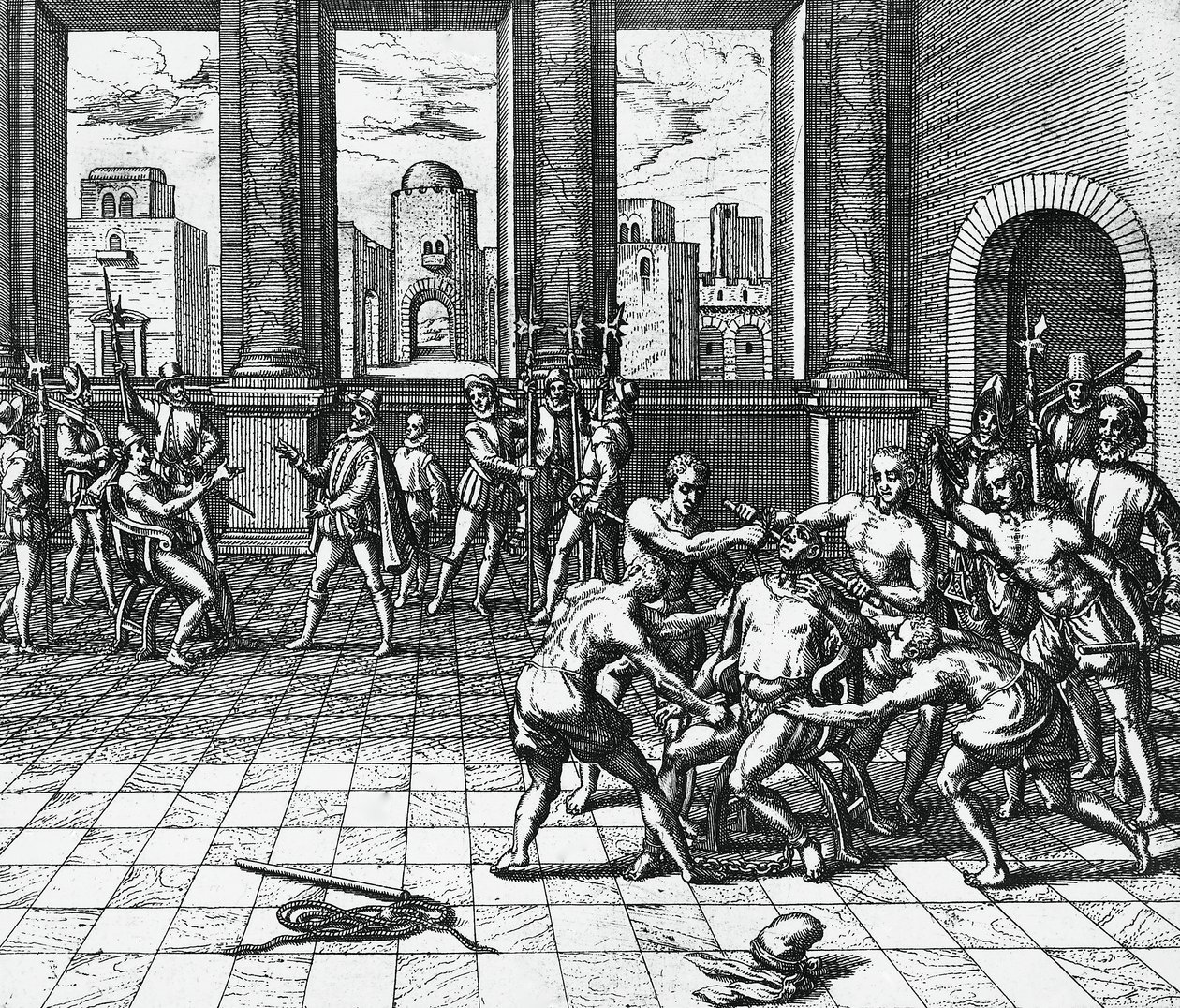Imperador inca Atahualpa sendo garroteado pelas tropas de Pizarro, 26 de julho de Theodor de Bry