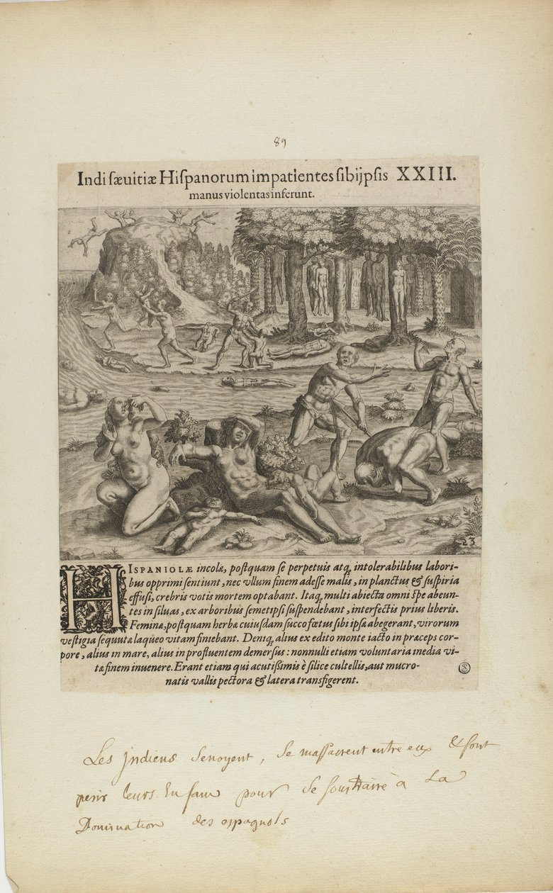 Indisaeuitiae Hispanorum Impatientes Sibi Psis/Manus Violentas Inserunt. XXIII. (do livro Americae, quarta parte) de Theodor de Bry