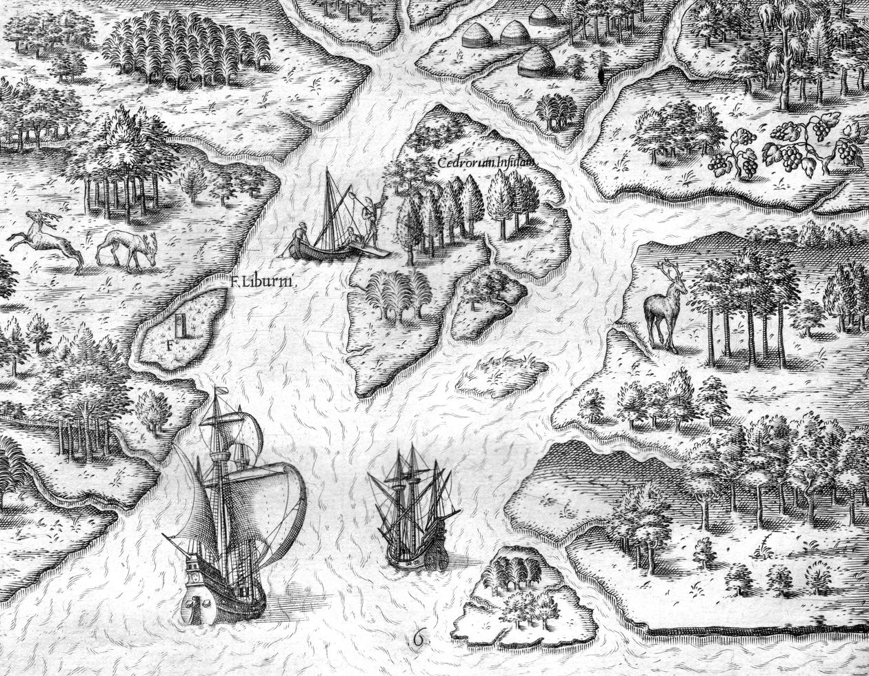 Jean Ribault ergue uma coluna com as armas do rei de França em Charlesfort de Theodor de Bry