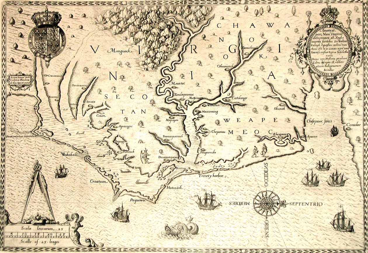 Mapa de 1590 gravado por Theodore de Bry após aguarela pelo colonizador inglês John White, governador de Roanoke. Virgínia e costa com pequenas ilhas e Roanoke na foz do rio. Terra nativa Secotan e Weapemeoc. de Theodor de Bry