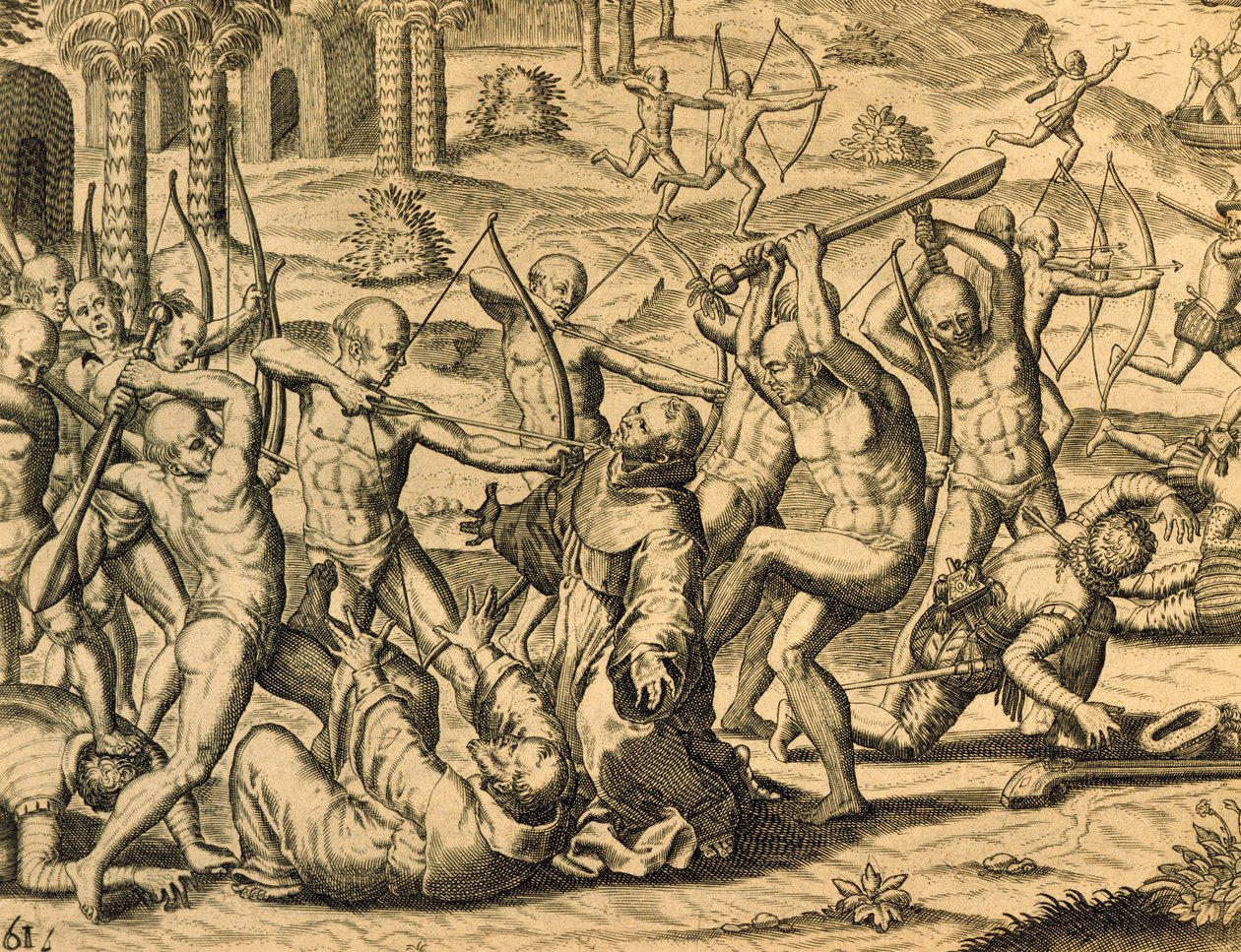Martírio dos monges missionários na América do Sul, gravura de Historia americae, de Theodor de Bry (1528-1598), Frankfurt de Theodor de Bry