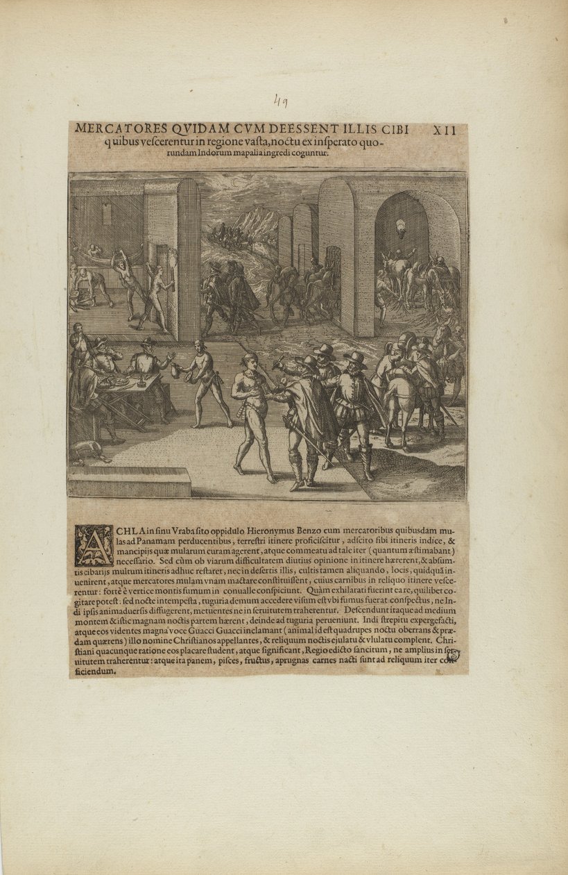 Mercatores Quidam cum Deessent Illis Cibi/Quibus Vescerentur in.... (do livro, Americae, parte cinco) de Theodor de Bry