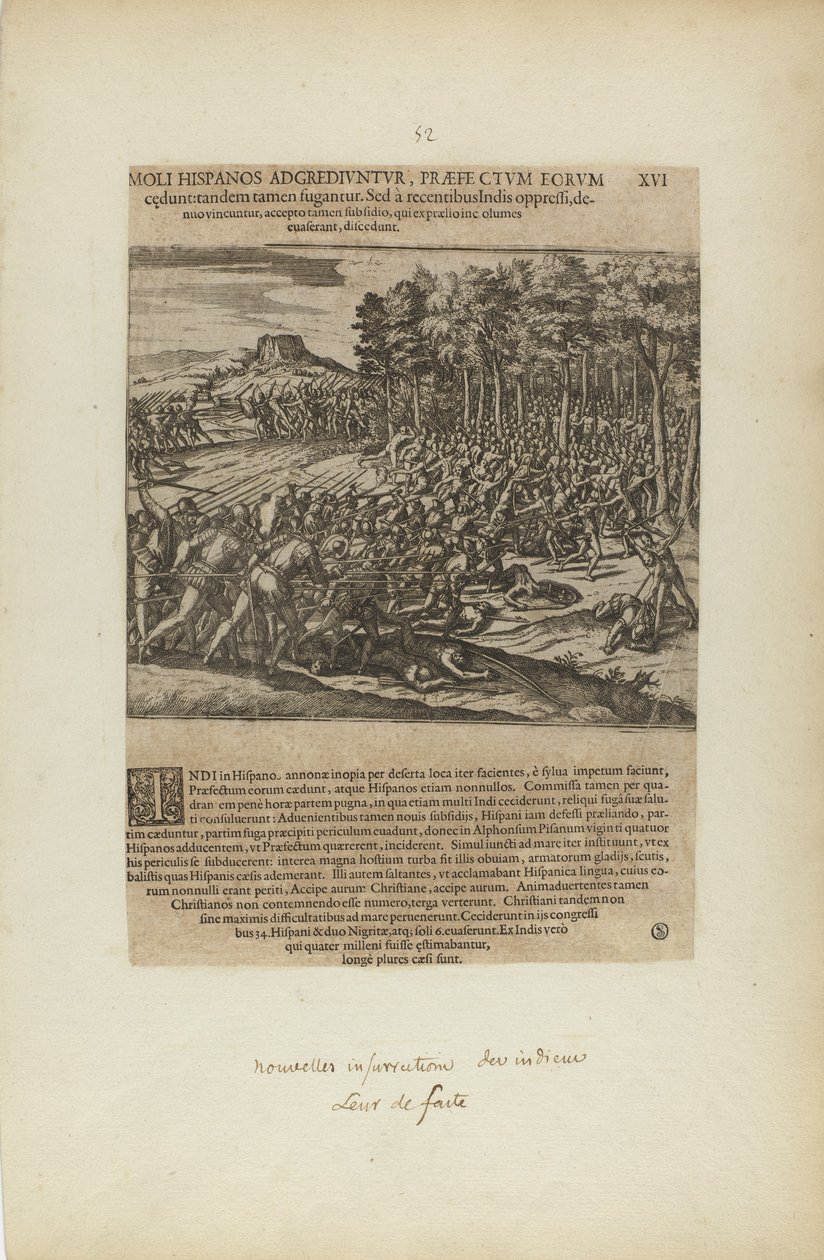 Moli Hispanos Adgrediuntur, Praefe Ctum Eorum/Cedunt: Tandeum.... (do livro Americae, quinta parte) de Theodor de Bry