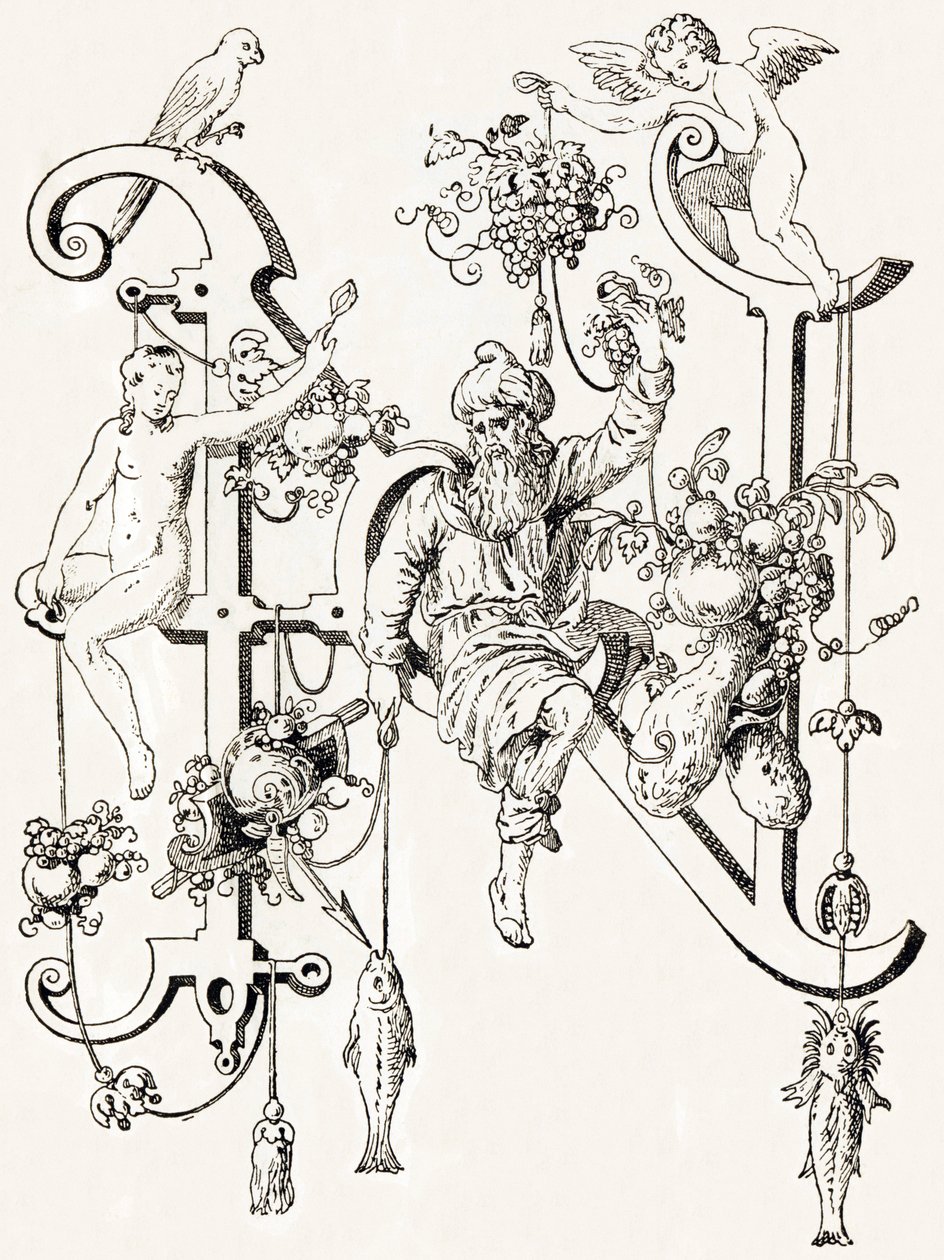 N - El sabio Natham - Alfabeto de T. de Bry (novo alfabeto artístico) de Theodor de Bry