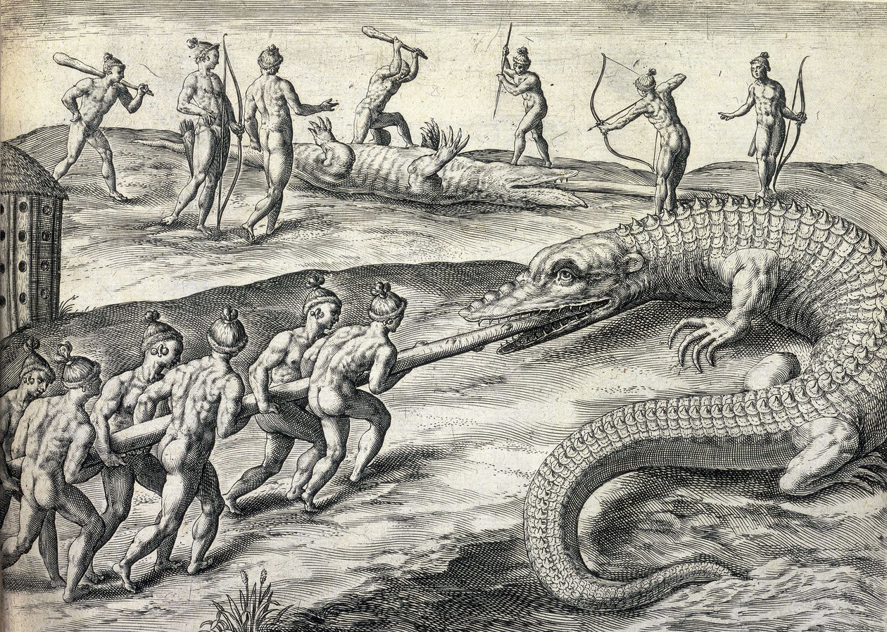 Nativos americanos nus caçando crocodilos na Florida, EUA de Theodor de Bry