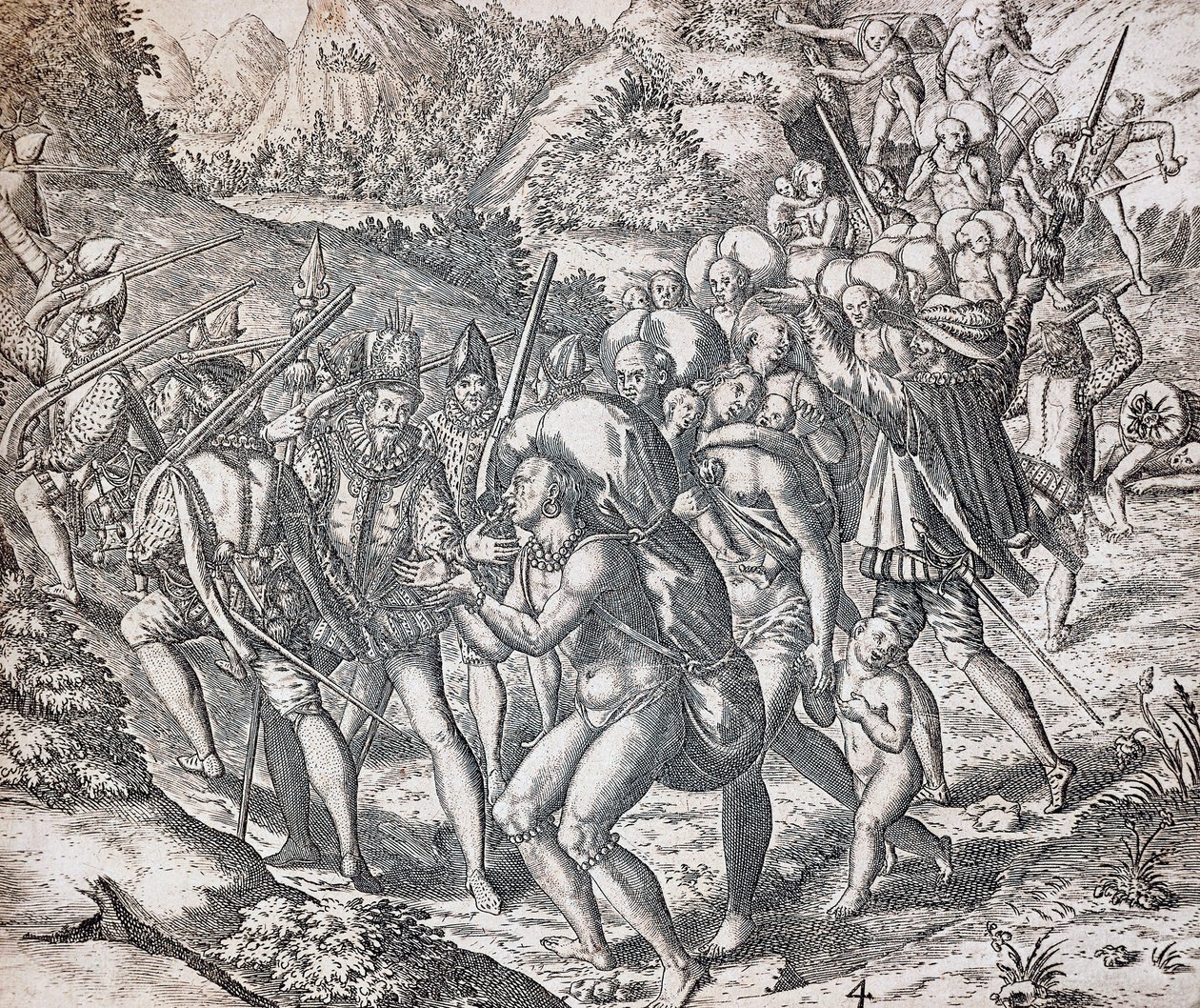 Nativos a serem embarcados em navios a serem levados para a escravatura em Sevilha, gravados por Theodor de Bry (1528-1598), Antilhas de Theodor de Bry