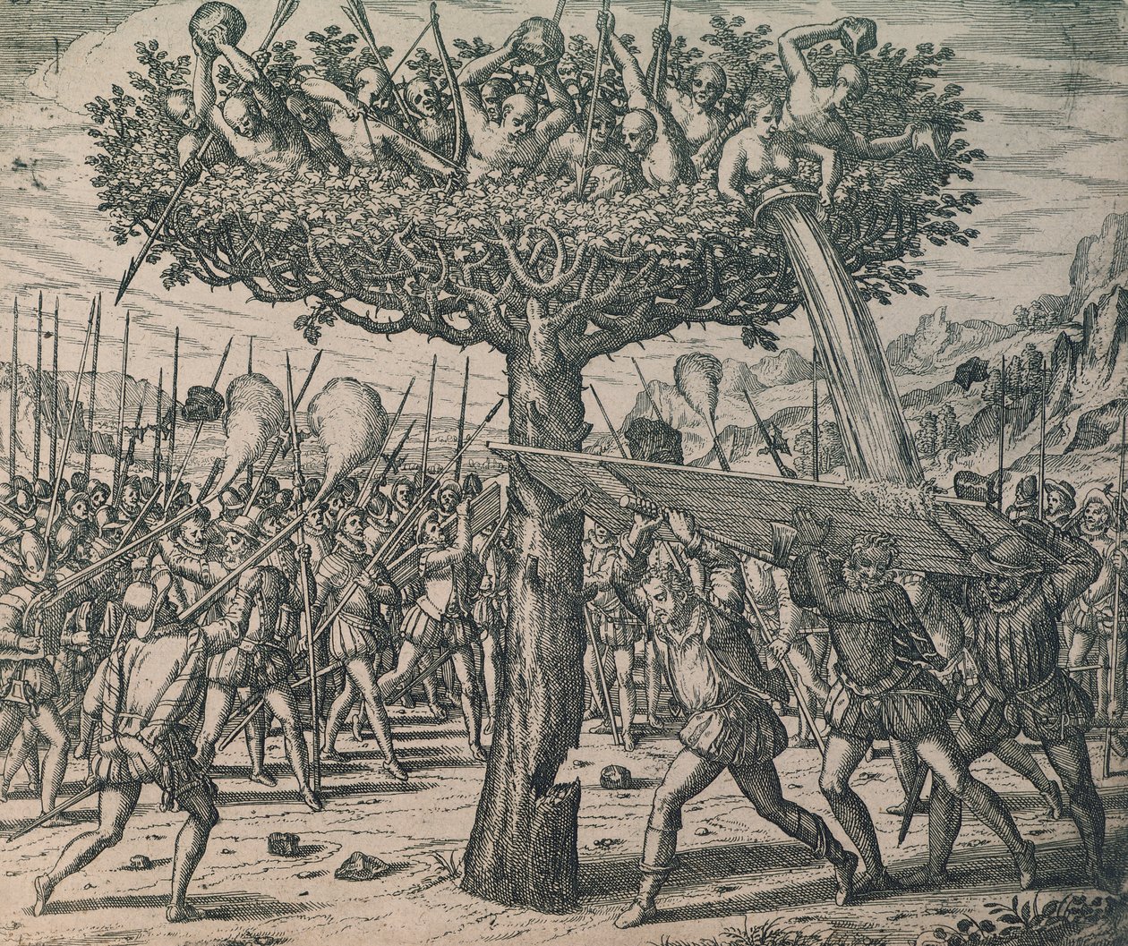 Nativos escondidos nas árvores lutando contra os conquistadores de Theodor de Bry