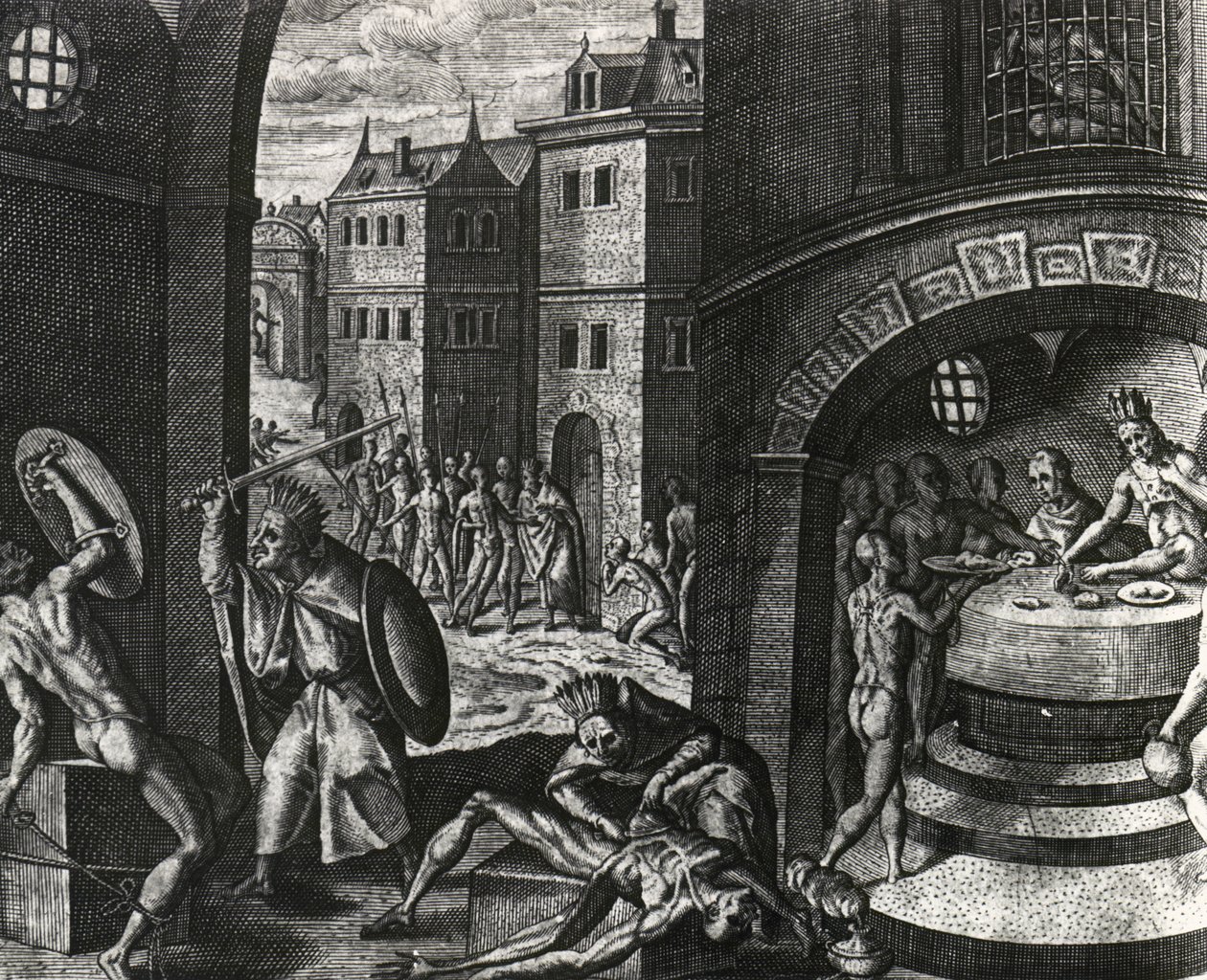 Sacerdote mata vítima de luta falsa e depois esfola corpo, México, gravura de Peregrinationes, de Theodor de Bry (1528-1598), América Central de Theodor de Bry