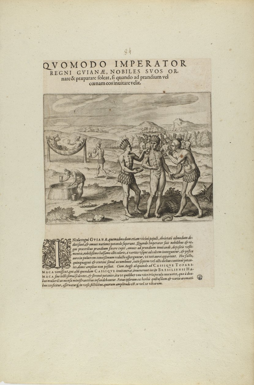 Quomodo Imperator/Regni Guianae, Nobiles Suos Or-/Nare.... (do livro Americae, partes sete e oito) de Theodor de Bry