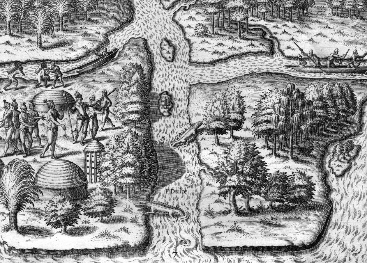 A expedição francesa baseada em Charlesfort, Parris Island de Theodor de Bry