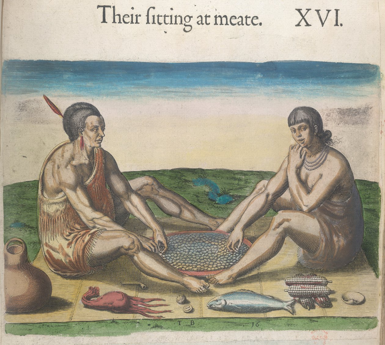"A sua sessão no mar". Gravura de duas figuras sentadas numa tira de tapete, comendo com as mãos direitas a partir de um grande prato circular contendo grãos de comida. A mulher usa um colar de contas, e um manto de pele com franjas sobre o seu ombro esque de Theodor de Bry