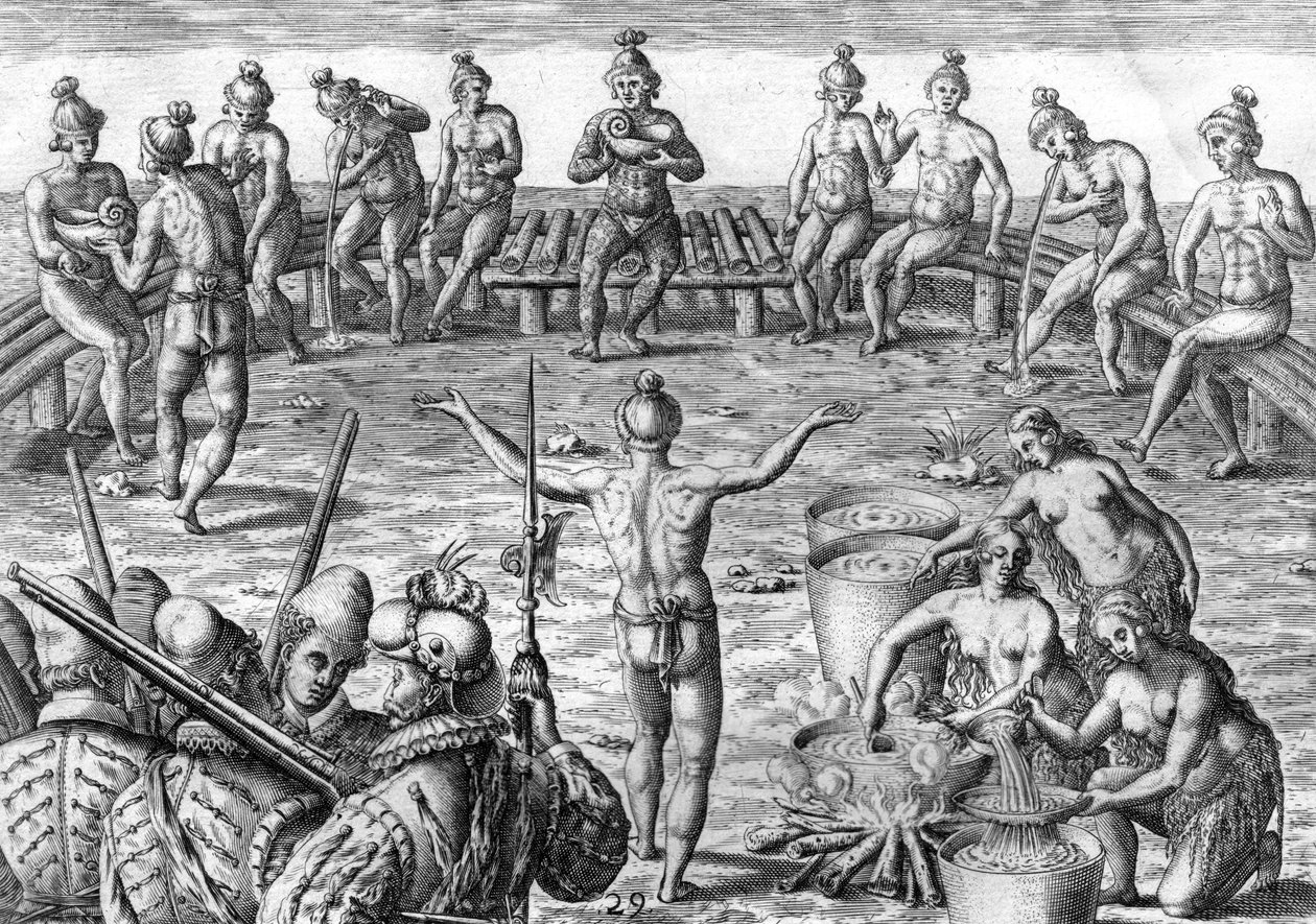 Índio Timucua com exploradores franceses de Theodor de Bry