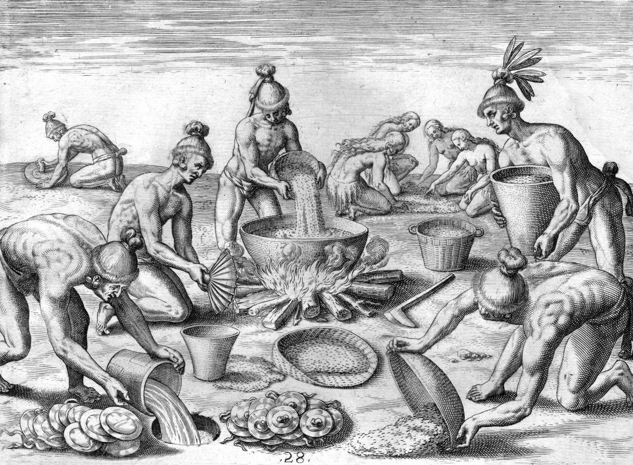 Índios timucuanos preparando um banquete de Theodor de Bry