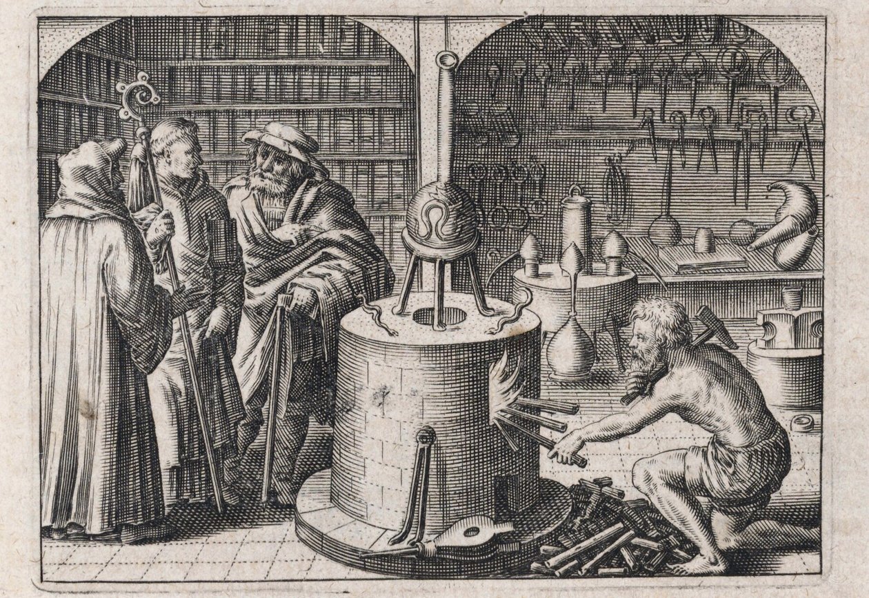 Três estudiosos conversam na oficina de alquimia, com forno e instrumentos - Gravura de Theodore de Bry (1528-1598), para o tratado de alquimia ""Tripus avreus, hoc est, Tres tractatus chymici selectissimi"" de Michael Maier (1569-1622) de Theodor de Bry