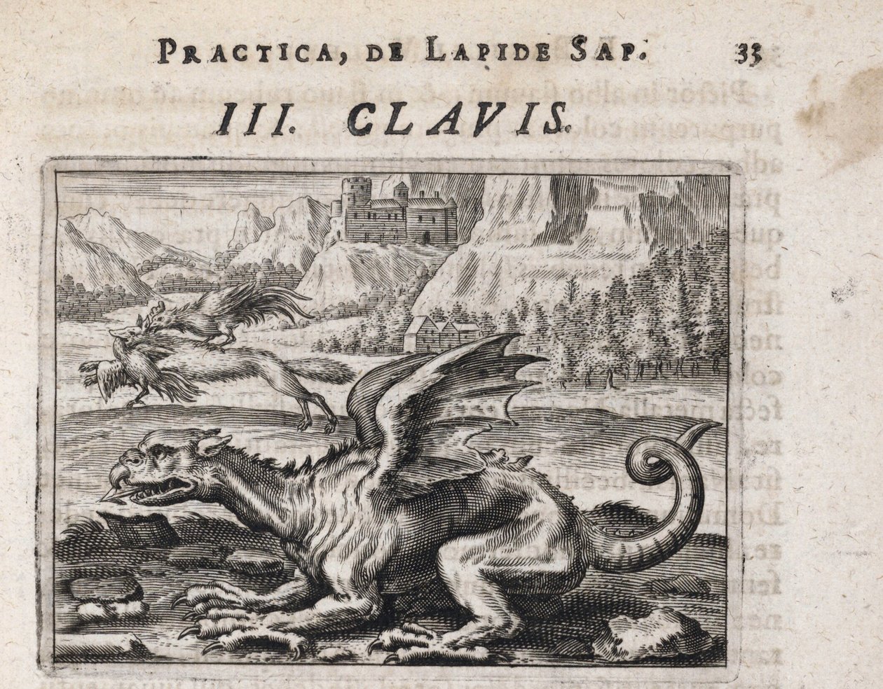 Um dragão, ao fundo, um lobo ladrão de galinhas, atacado por um galo - Gravura de Theodore de Bry (1528-1598), para o tratado de alquimia ""Tripus avreus, hoc est, Tres tractatus chymici selectissimi"" de Michael Maier (1569-1622) de Theodor de Bry