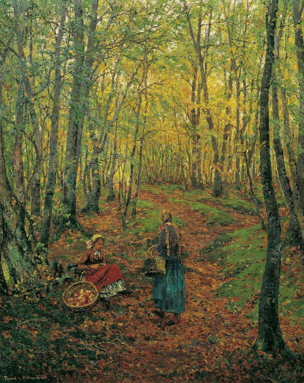 Interior da floresta com uma rapariga à procura de cogumelos de Theodor von Hormann