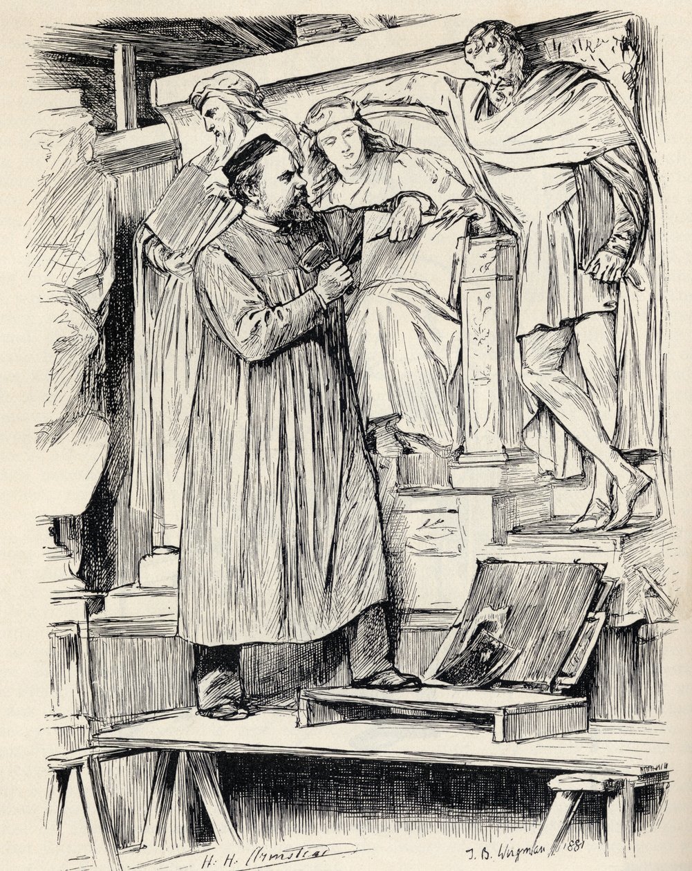 Armstead no trabalho, gravura depois de um desenho de Wirgman, de &39;The Century Illustrated Monthly Magazine&39;, de maio a outubro de 1883 de Theodore Blake Wirgman