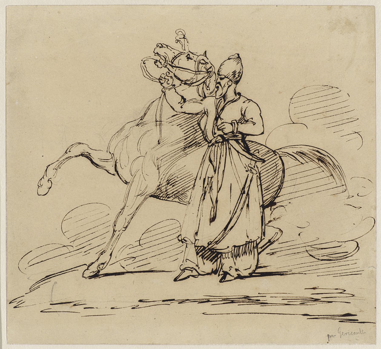 Persa inquilino un cheval (persa segurando um cavalo), c.1817-22 (caneta e tinta marrom com traços de grafite em papel de capa) de Theodore Gericault