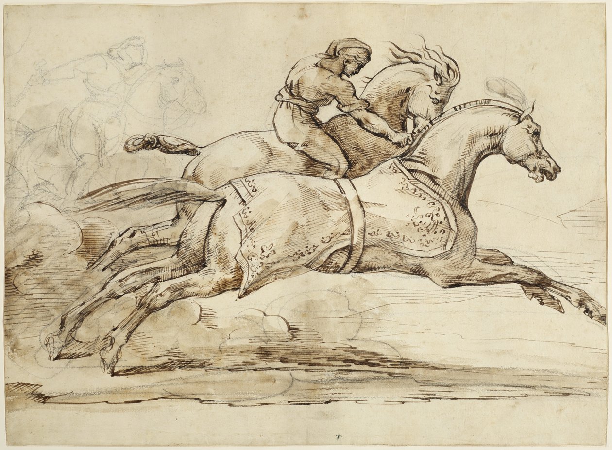 Cena da Corrida dos Cavalos Barberi (tinta marrom e grafite sobre papel revestido forrado com tecido) de Theodore Gericault