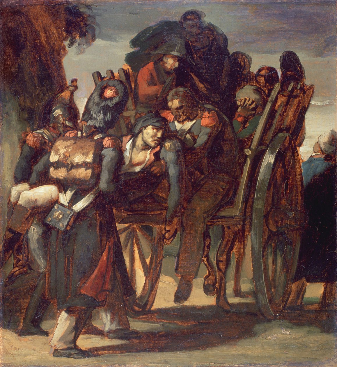 Soldados feridos em uma carroça, 1814-17 (óleo sobre papel colocado sobre tela) de Theodore Gericault