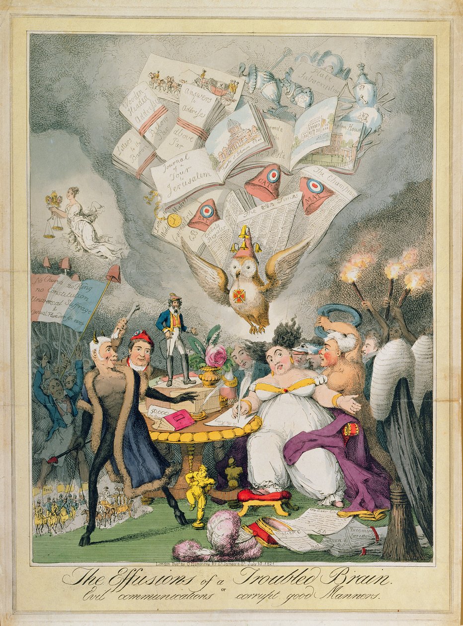 As efusões de um cérebro conturbado, ou más comunicações corruptas boas maneiras, publicado por G. Humphrey, 1821 (gravura colorida) de Theodore Lane