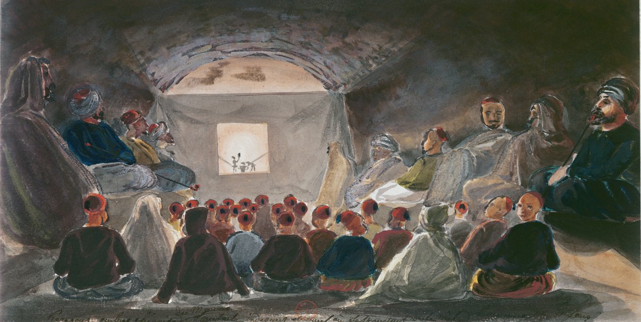 Mostrar com bonecos de sombra na Argélia. c.1835 de Theodore Leblanc