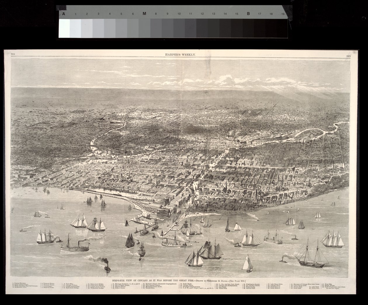 Pássaros observam Chicago como era antes do grande incêndio, 1871 de Theodore Russell Davis