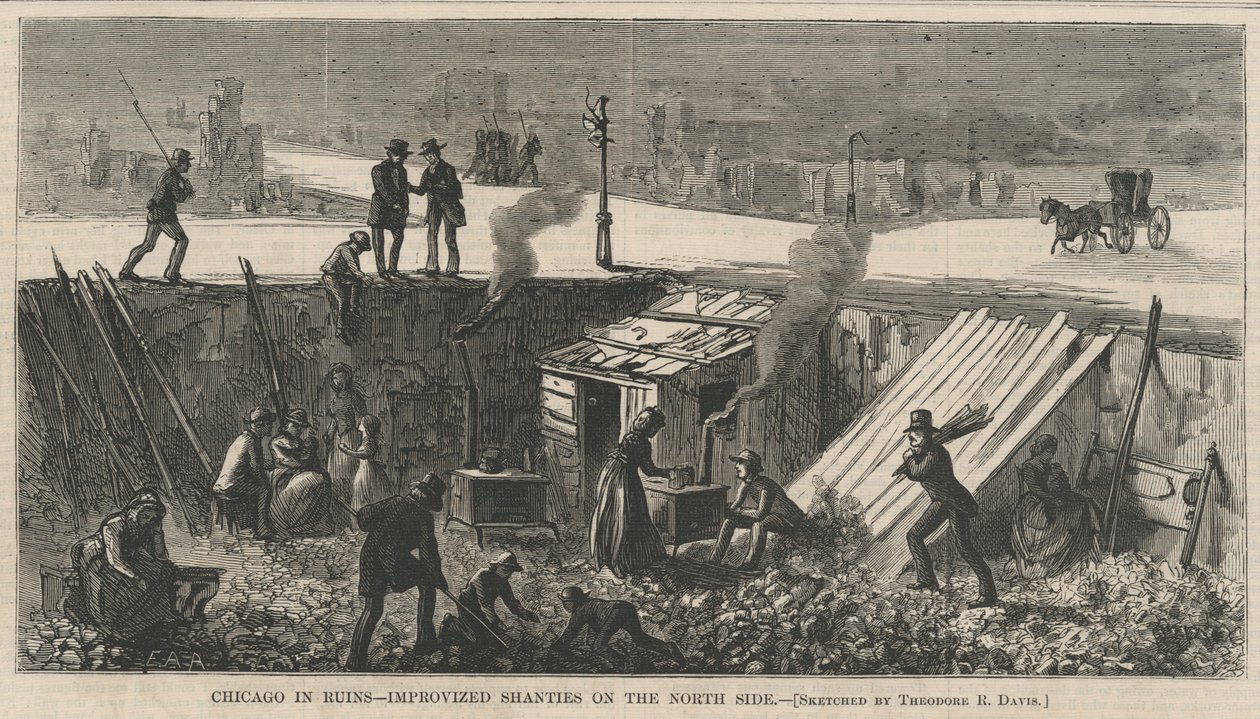 Chicago in Ruins - Shanties improvisados no lado norte, ilustração de Harpers Weekly, 1871 de Theodore Russell Davis