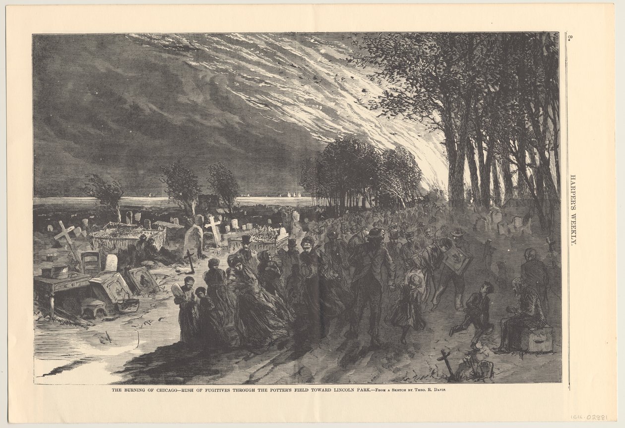 A queima de Chicago - corrida de fugitivos através do campo de ceramistas em direção a Lincoln Park, ilustração de Harpers Weekly, 1871 de Theodore Russell Davis
