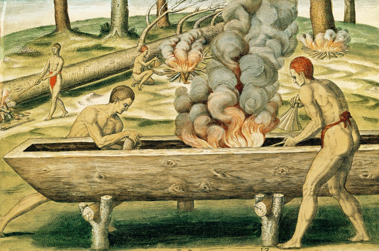 Índios fazendo uma canoa, de &39;Admiranda Narratio ...&39;, publicado por Theodore de Bry de Theodore de Bry