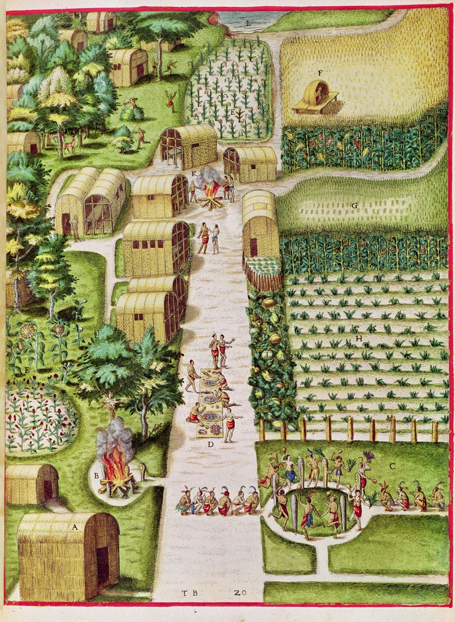A aldeia de Secoton, de "Admiranda Narratio ...", publicado por Theodore de Bry de Theodore de Bry
