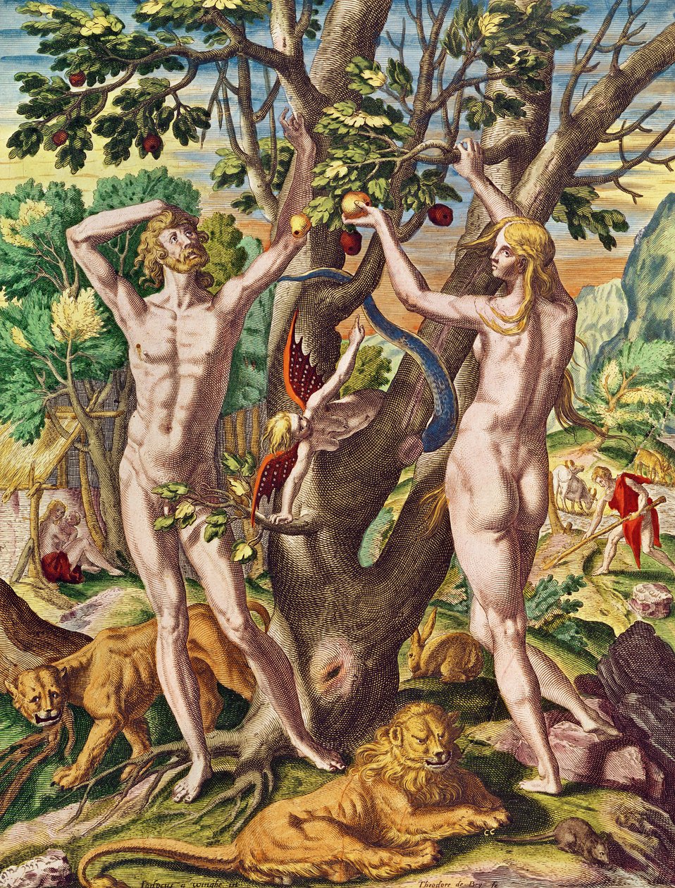 Admiranta Narratio .... Adão e Eva (página 40), 1585-1588 (gravura a cores) de Theodore de Bry