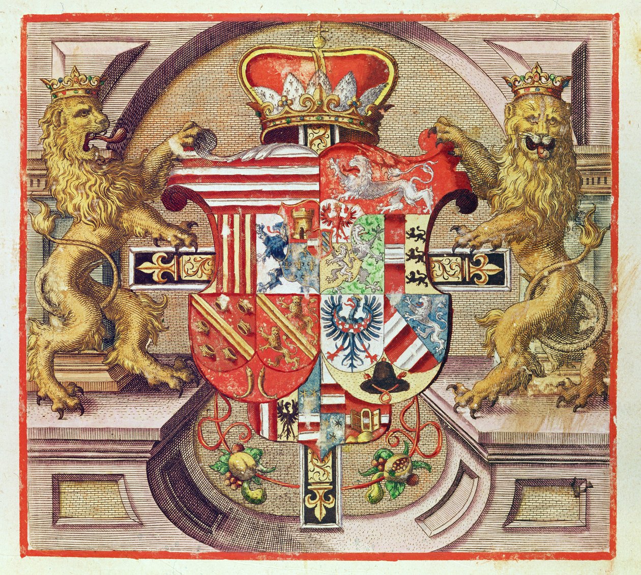 Admiranta Narratio ..., Gravura Armorial (página 3), 1585-1588 (gravura a cores) de Theodore de Bry