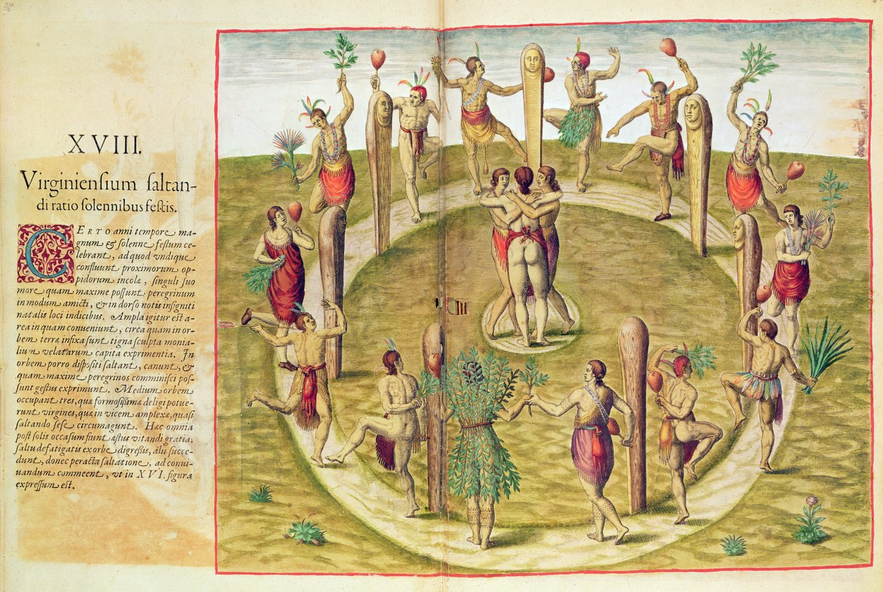 Admiranta Narratio, A Dança Ritual Virgem da Amizade (página 85), 1585-88 (gravura a cores) de Theodore de Bry