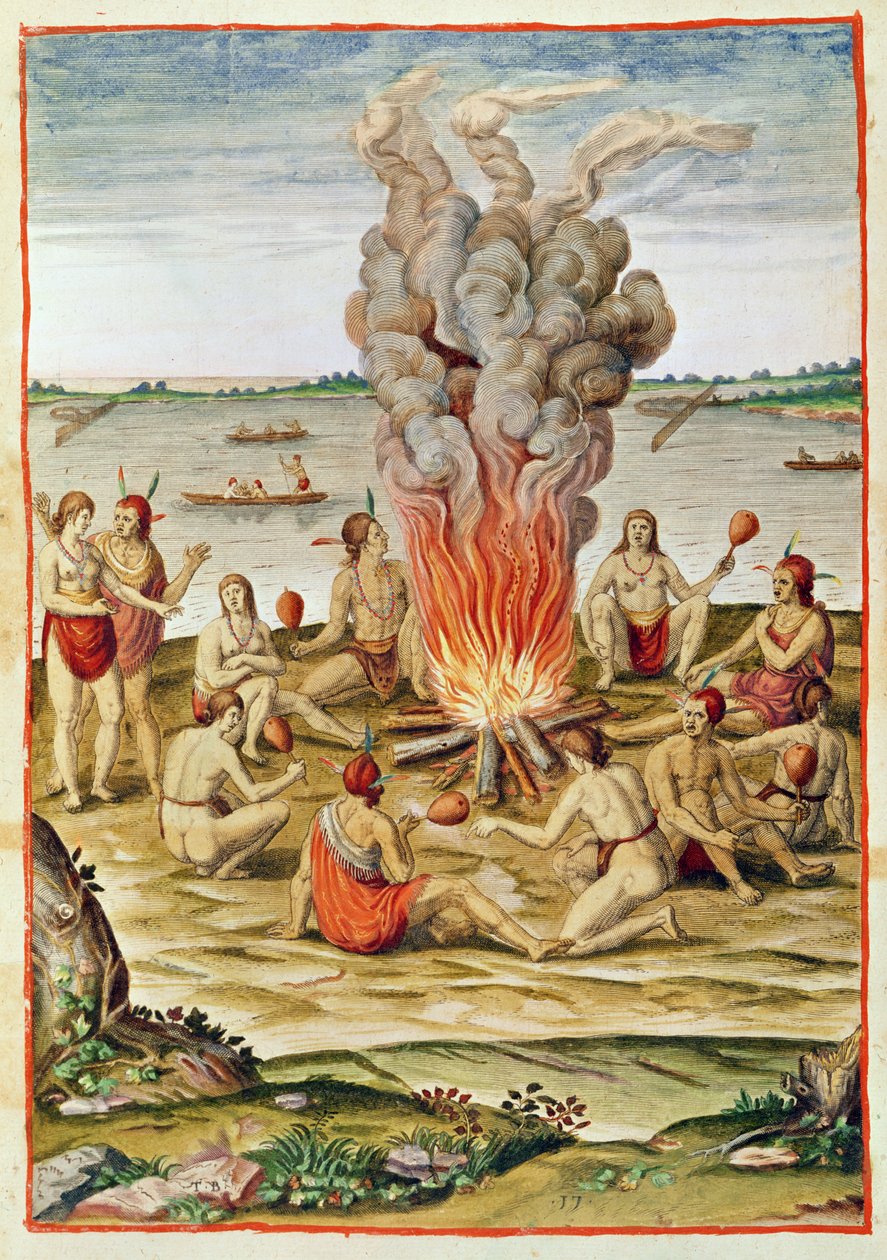 Admiranta Narratio, a celebração de uma vitória em torno de um fogo (página 79, placa 17), 1585-88 (gravação a cores) de Theodore de Bry
