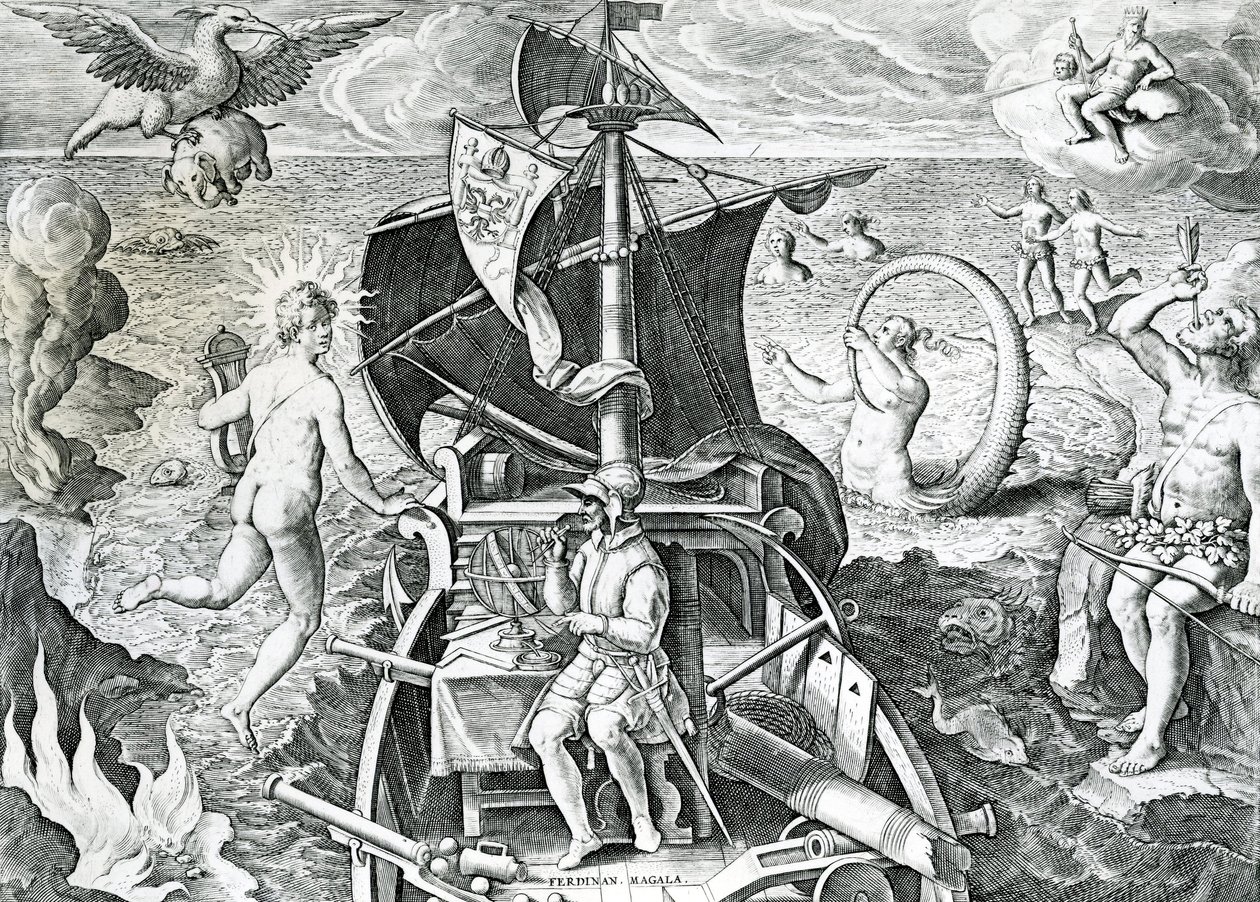 Alegoria nas viagens de Fernão de Magalhães (1480-1521), por Theodor de Bry (1528-1598), século XVI de Theodore de Bry