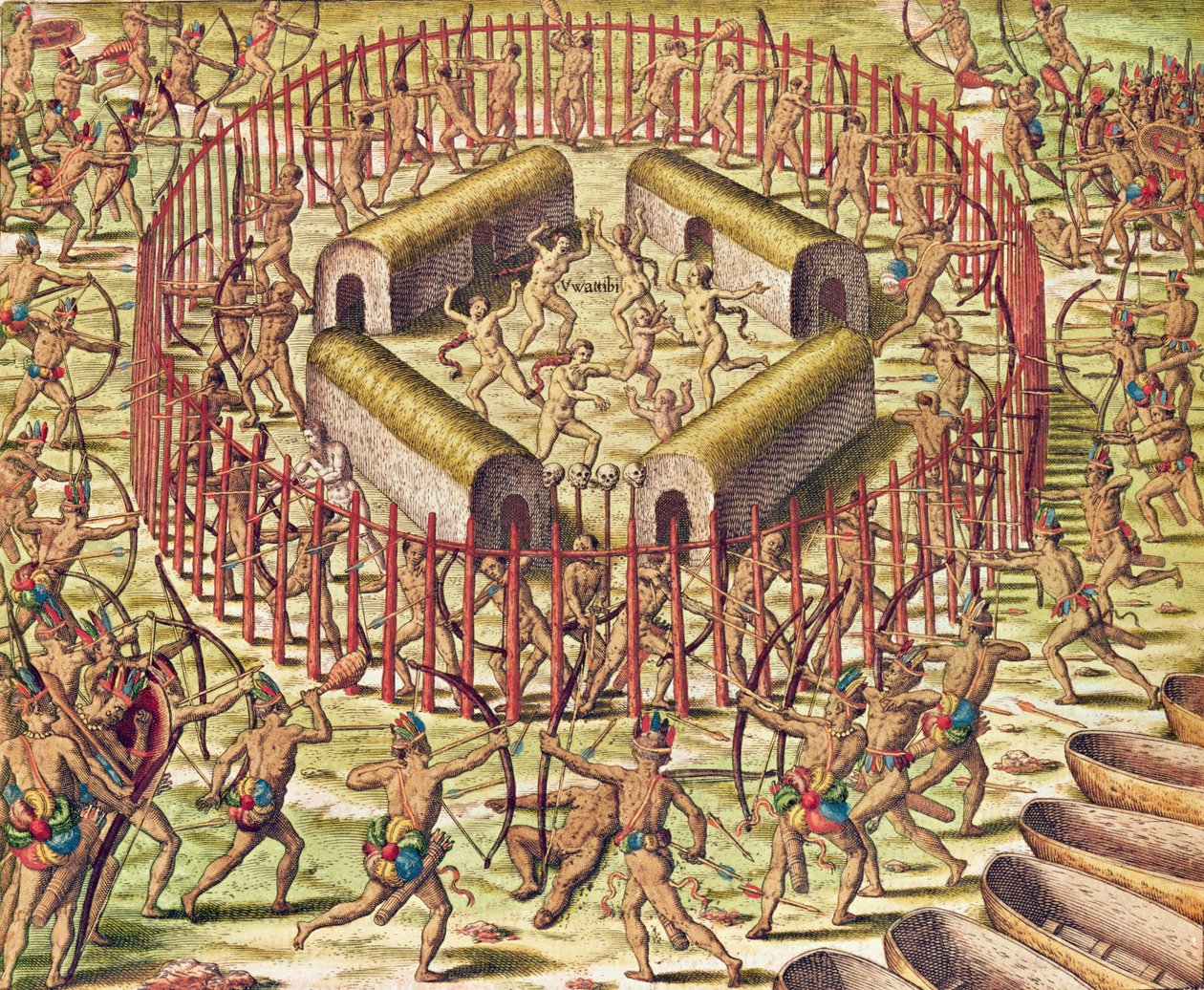 &39;Americae Tertia Pars&39;, attacl da aldeia pelo Tuppinjkinsij (página 364), 1562 (cor gravura) de Theodore de Bry