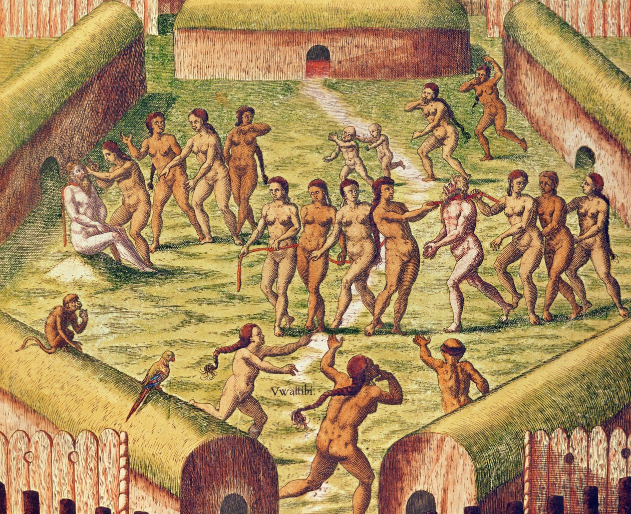 Americae Tertia Pars, a prisioneira no meio da aldeia indígena (página 353), 1562 (gravura a cores) de Theodore de Bry